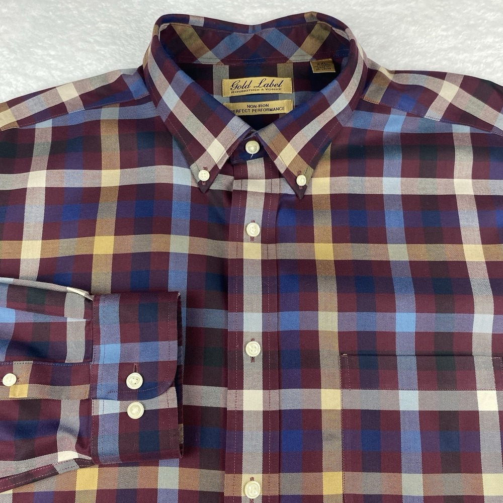 Roundtree‎ & Yorke Gold Label Shirt Mens XXL Burgundy/Blue/Tan Checks No Iron